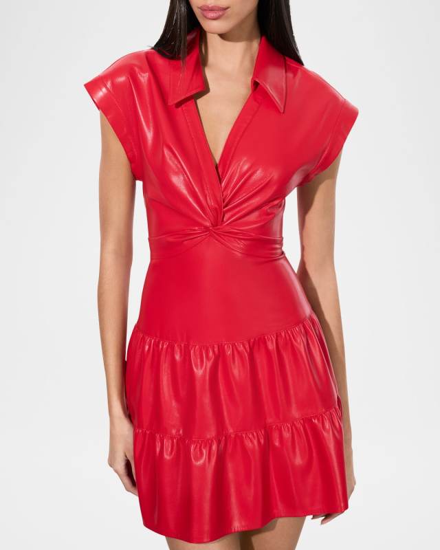 Mila Vegan Leather Deep V Twist-Front Mini Dress